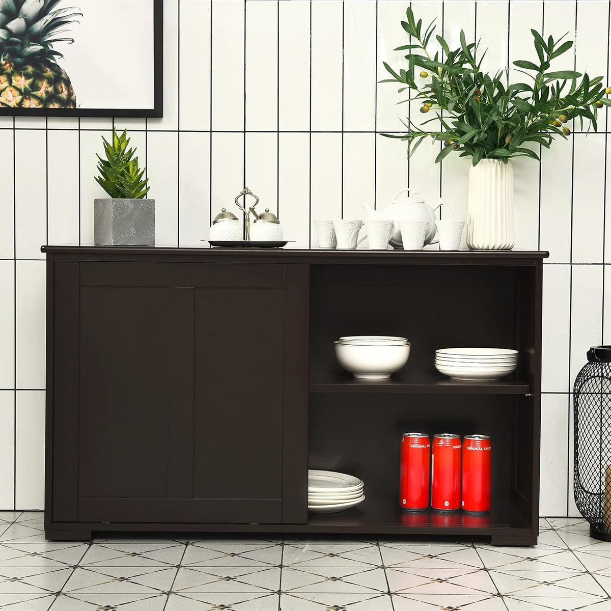 Brown Double-Layer Sliding Slat Door Storage Cabinet W976344