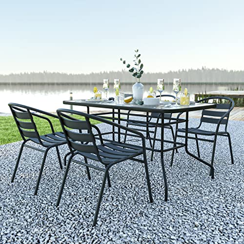 Rectangular Metal Patio Table & Chairs Set with Tempered Glass Top and 4 Black Aluminum Stacking Chairs Z147193