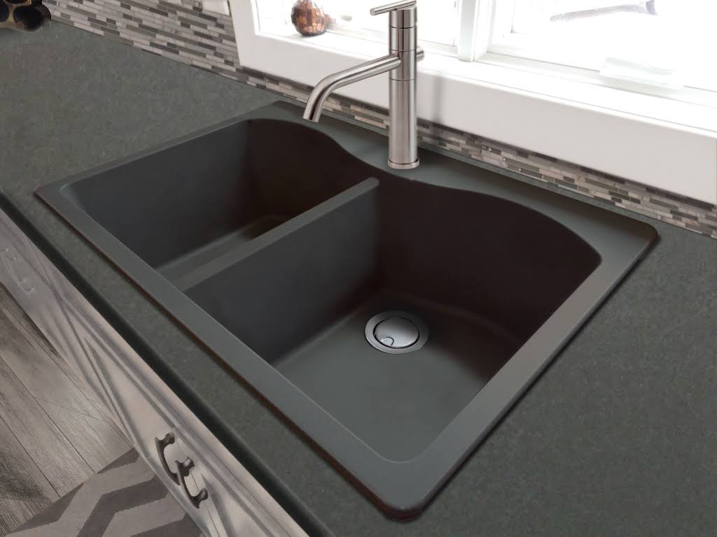 Black Double-Basin Granite Drop-In Kitchen Sink C50149