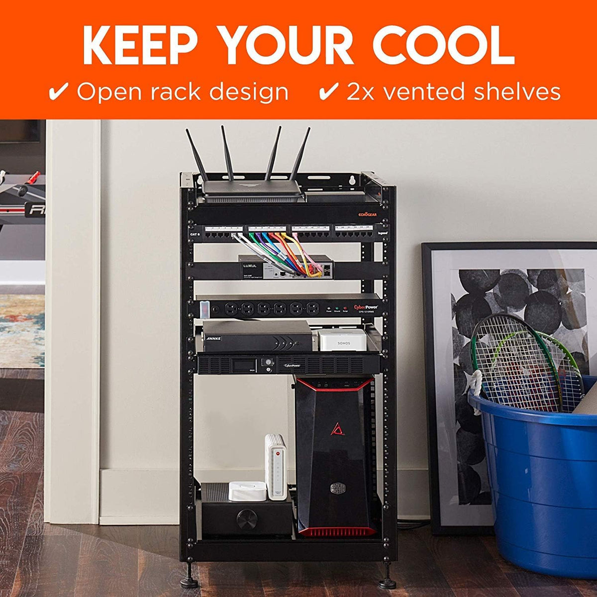 15U Open Frame 4 Post Rack with 2 Vented Shelves R167