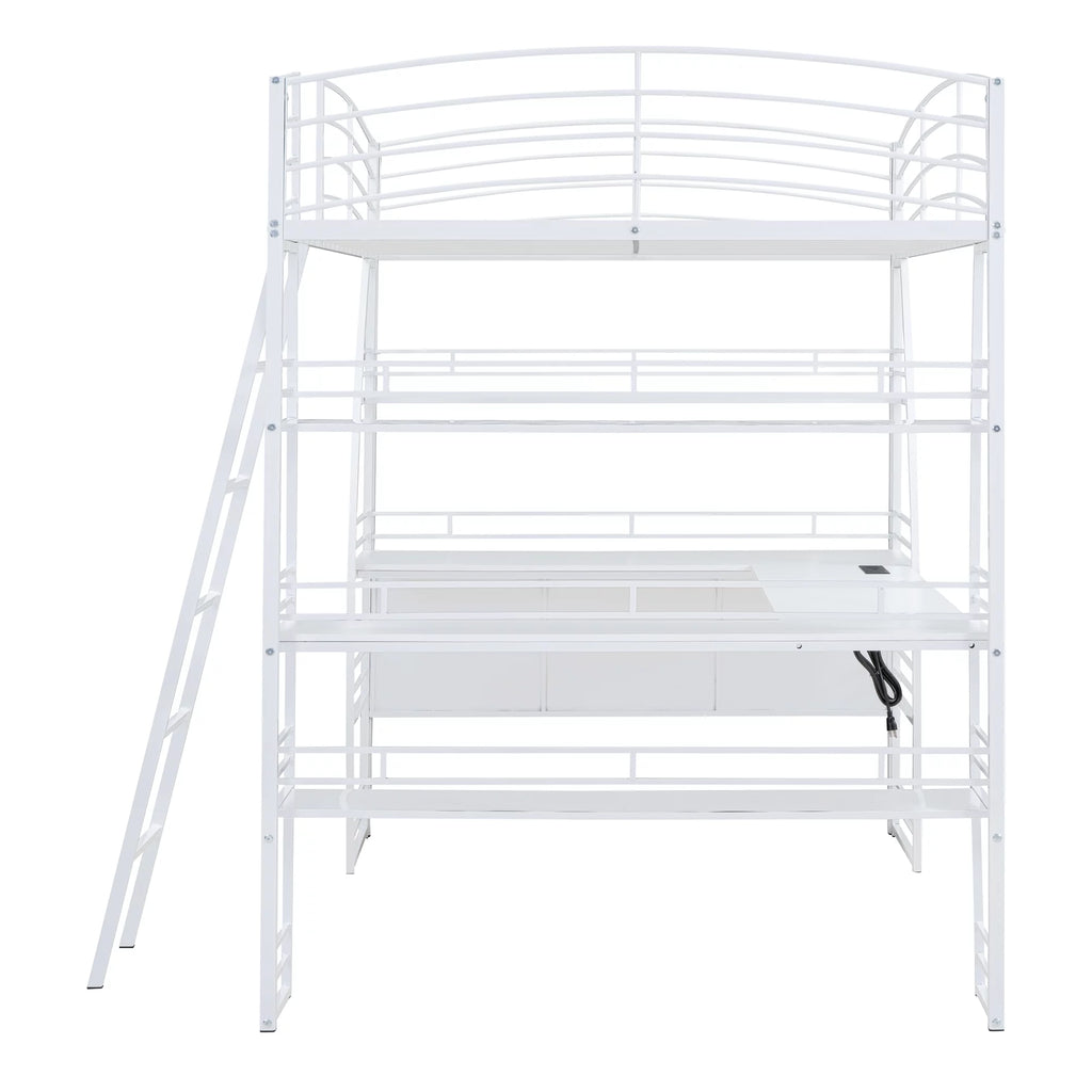 Full Size White Loft Bed with Shelves and L-shaped Desk N412999