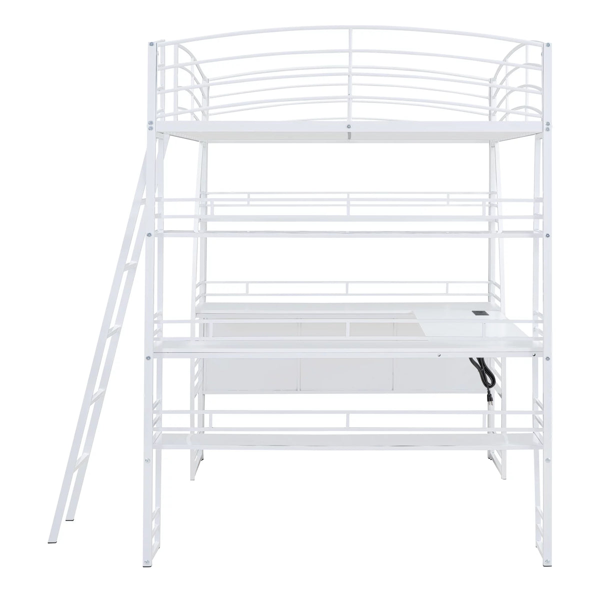 Full Size White Loft Bed with Shelves and L-shaped Desk N412999