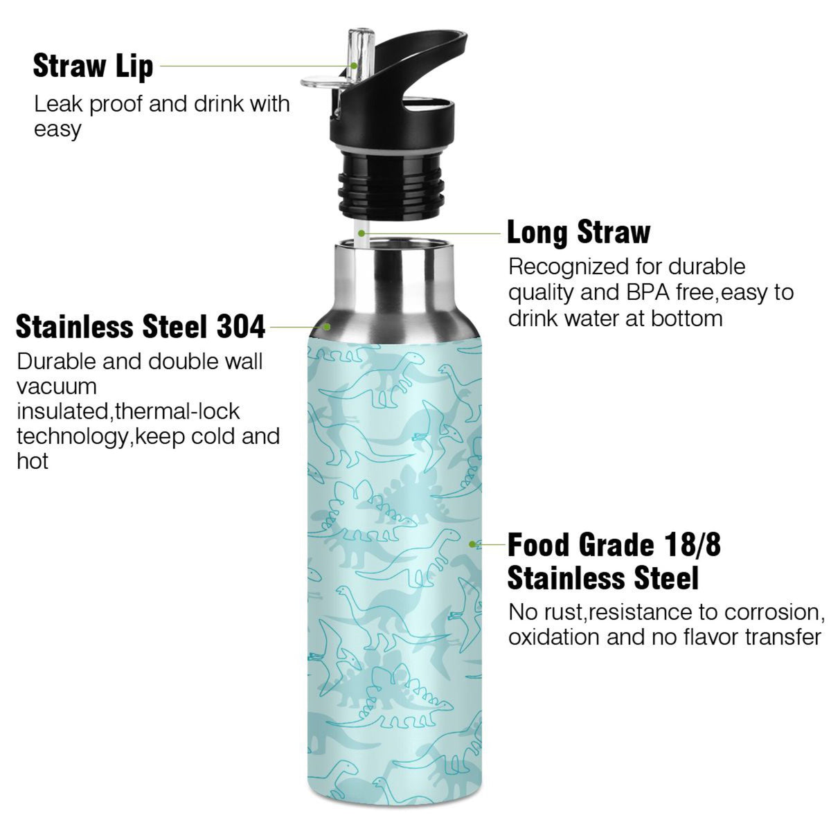 Dinosaur Green Pattern Stainless Steel Insulated Water Bottle with Straw Lid H623439