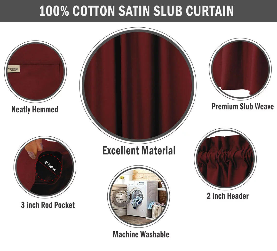 Cotton Slub Maroon 65 Inch Long Rod Pocket Curtains 2 Panels I98627