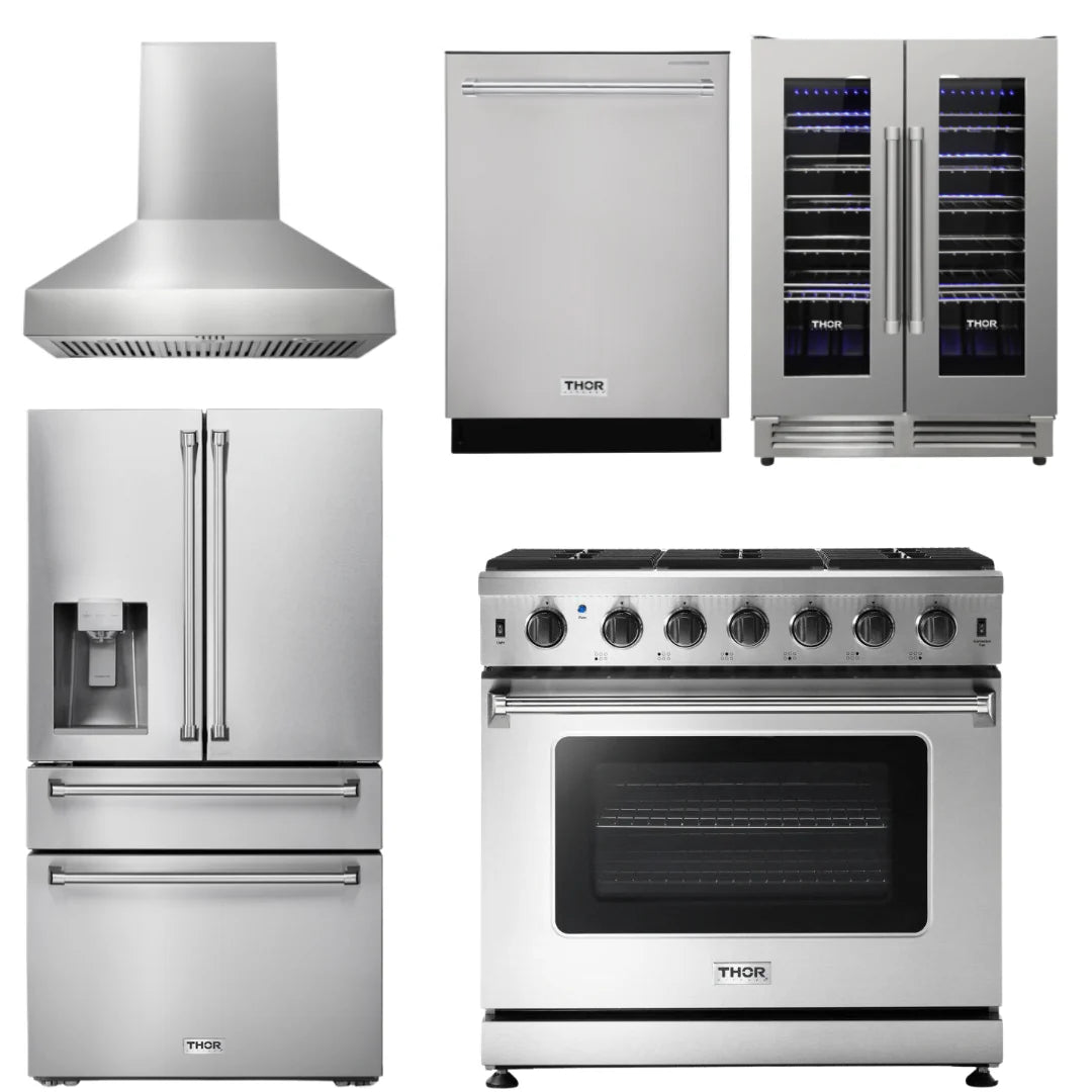 36 Inch Gas Range, Range Hood, Refrigerator, Dishwasher, Wine Cooler Q538