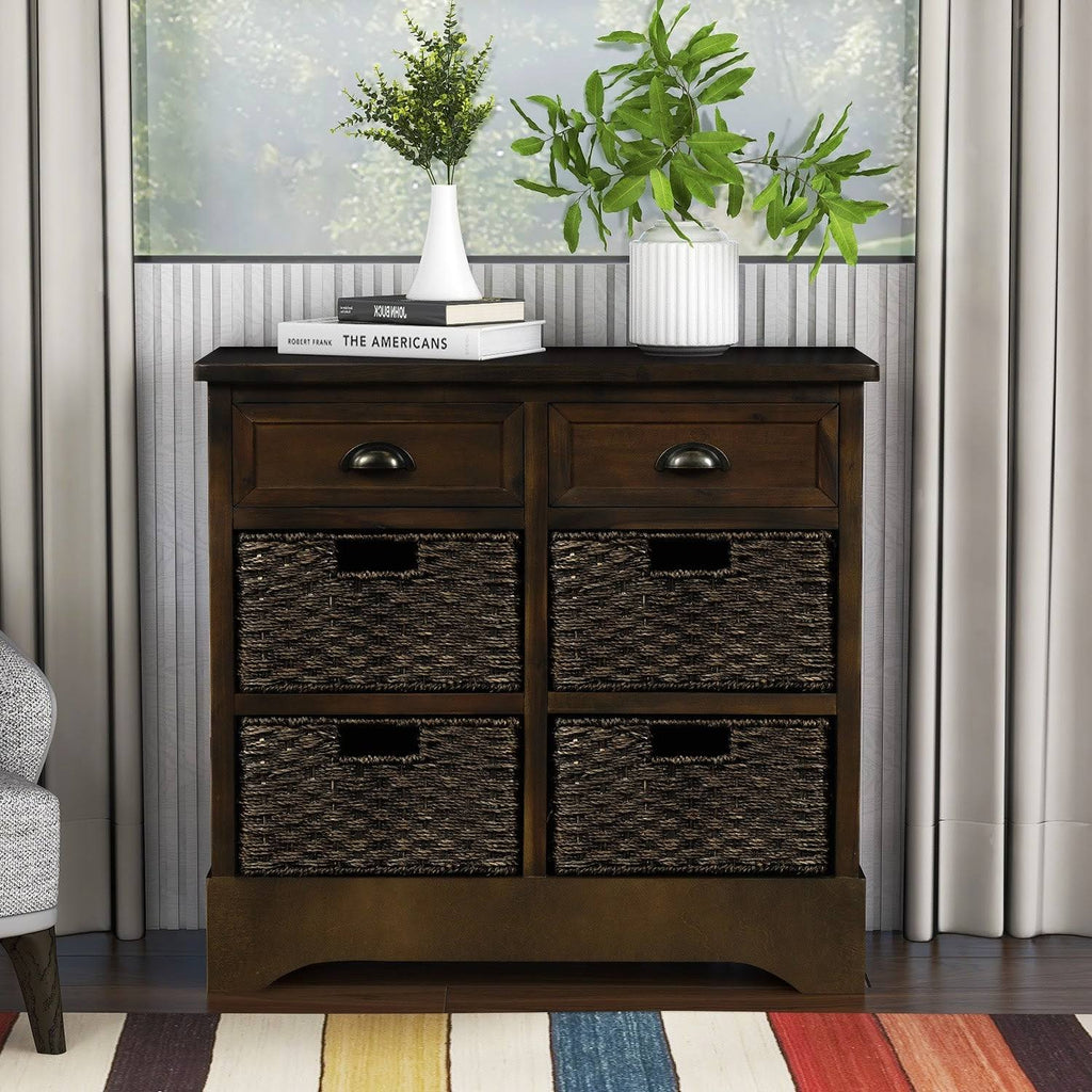 Rustic Storage Cabinet with 2-Drawers and 4 Fabric Basket Dark Brown R5080