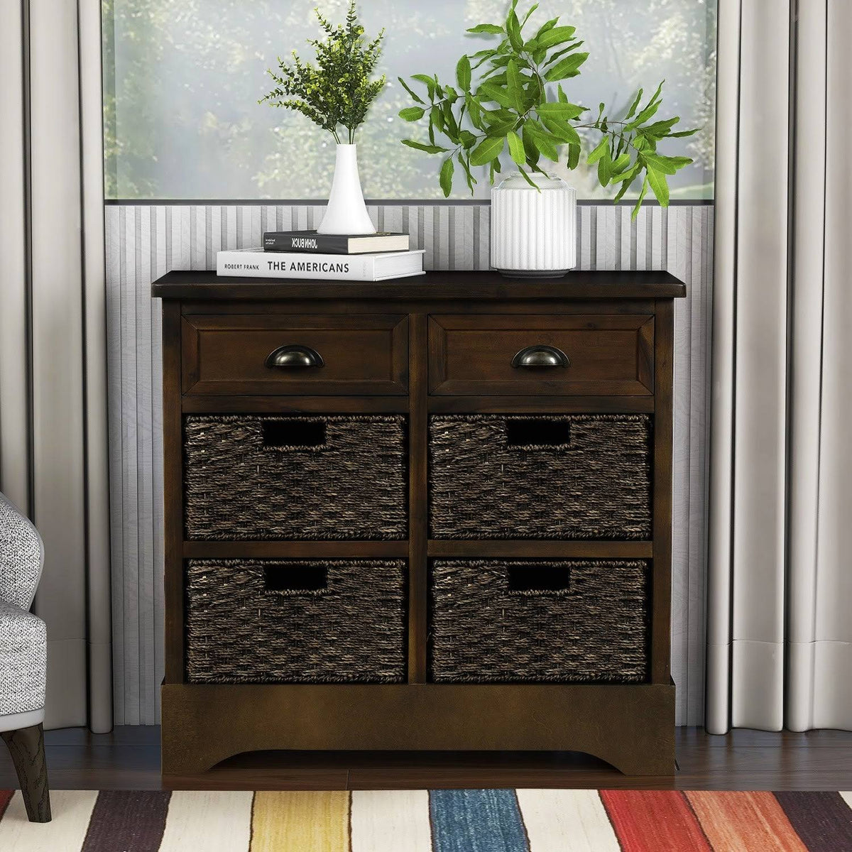 Rustic Storage Cabinet with 2-Drawers and 4 Fabric Basket Dark Brown R5080