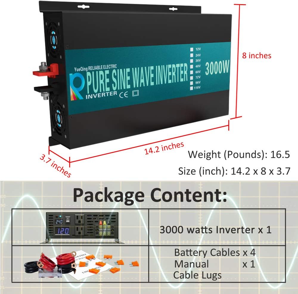 3000W 48V 120V Pure Sine Wave Power Inverter with 2 AC Outlets D5958