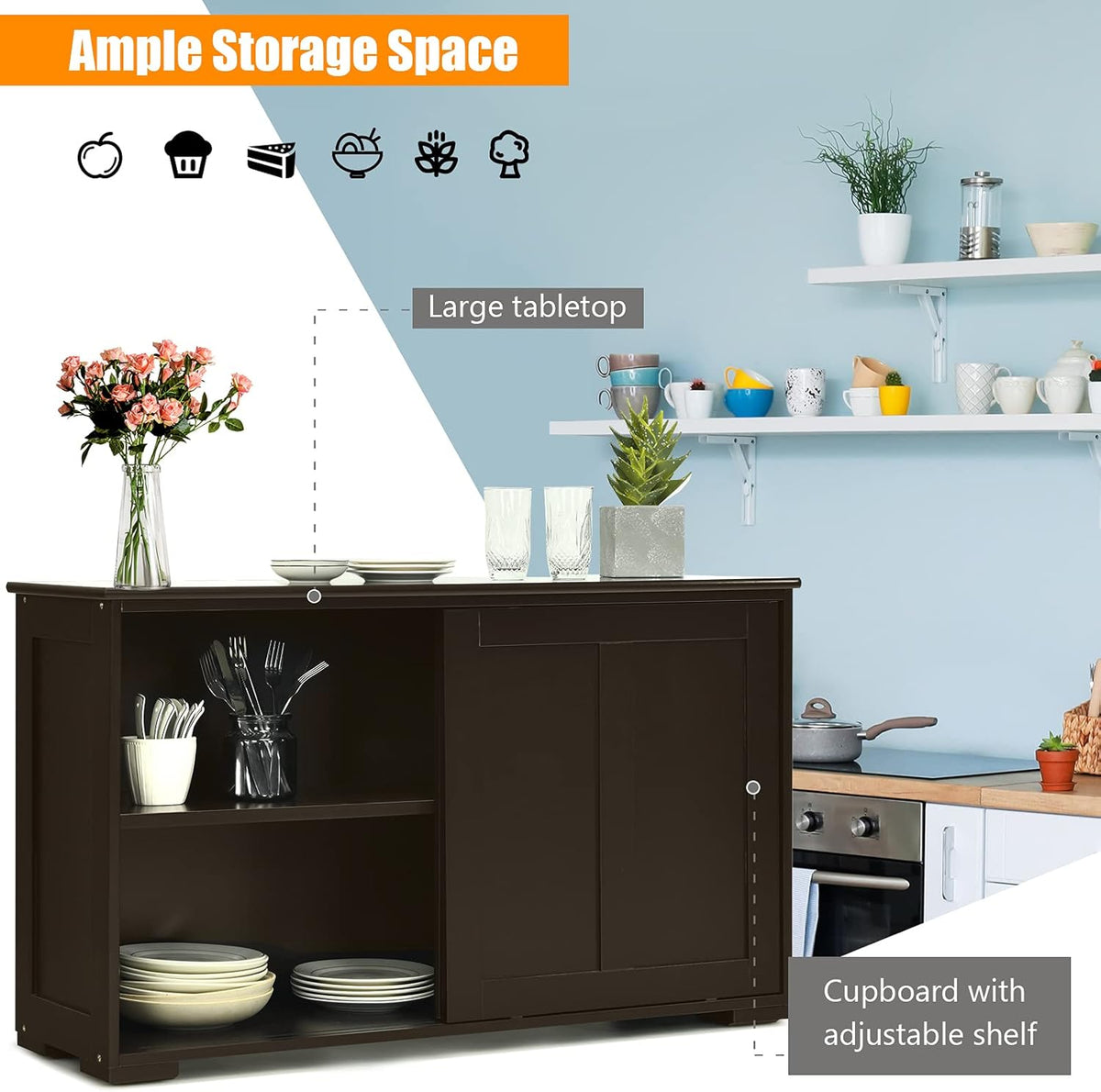 Brown Double-Layer Sliding Slat Door Storage Cabinet W976344
