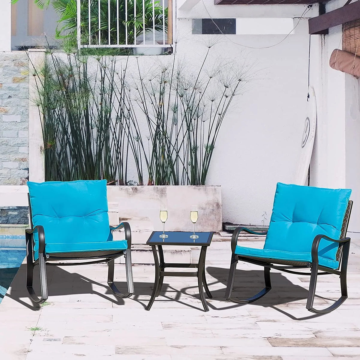 3 Pieces Bistro Set Rocking Chairs Cushion Glass Top Table Blue O1603