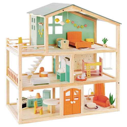 Large Pink Wooden Dollhouse with 15 Pcs Furniture & 3 Dolls M736