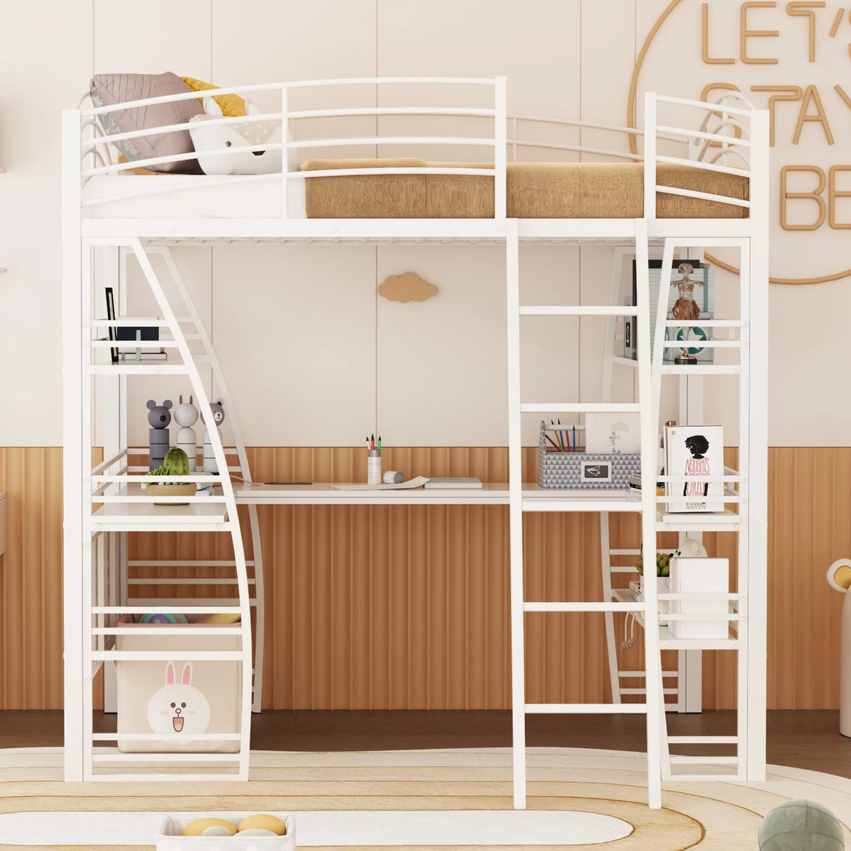 Full Size White Loft Bed with Shelves and L-shaped Desk N412999