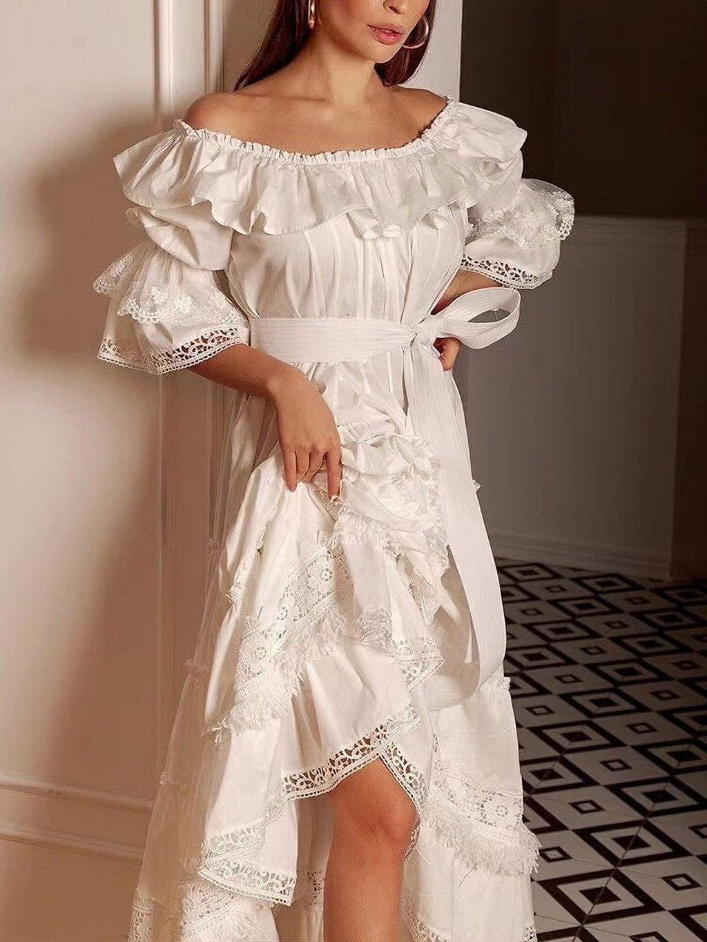 White Slash Neck Short Sleeve Long Dress P46630