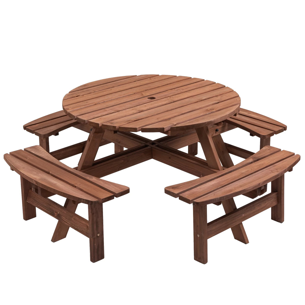 8-Person Circular Wooden Picnic Table with 4 Built-in Benches Gray L76794