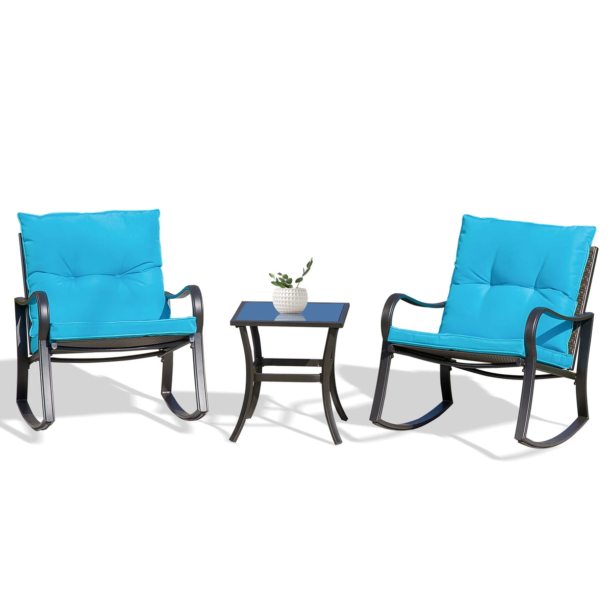 3 Pieces Bistro Set Rocking Chairs Cushion Glass Top Table Blue O1603