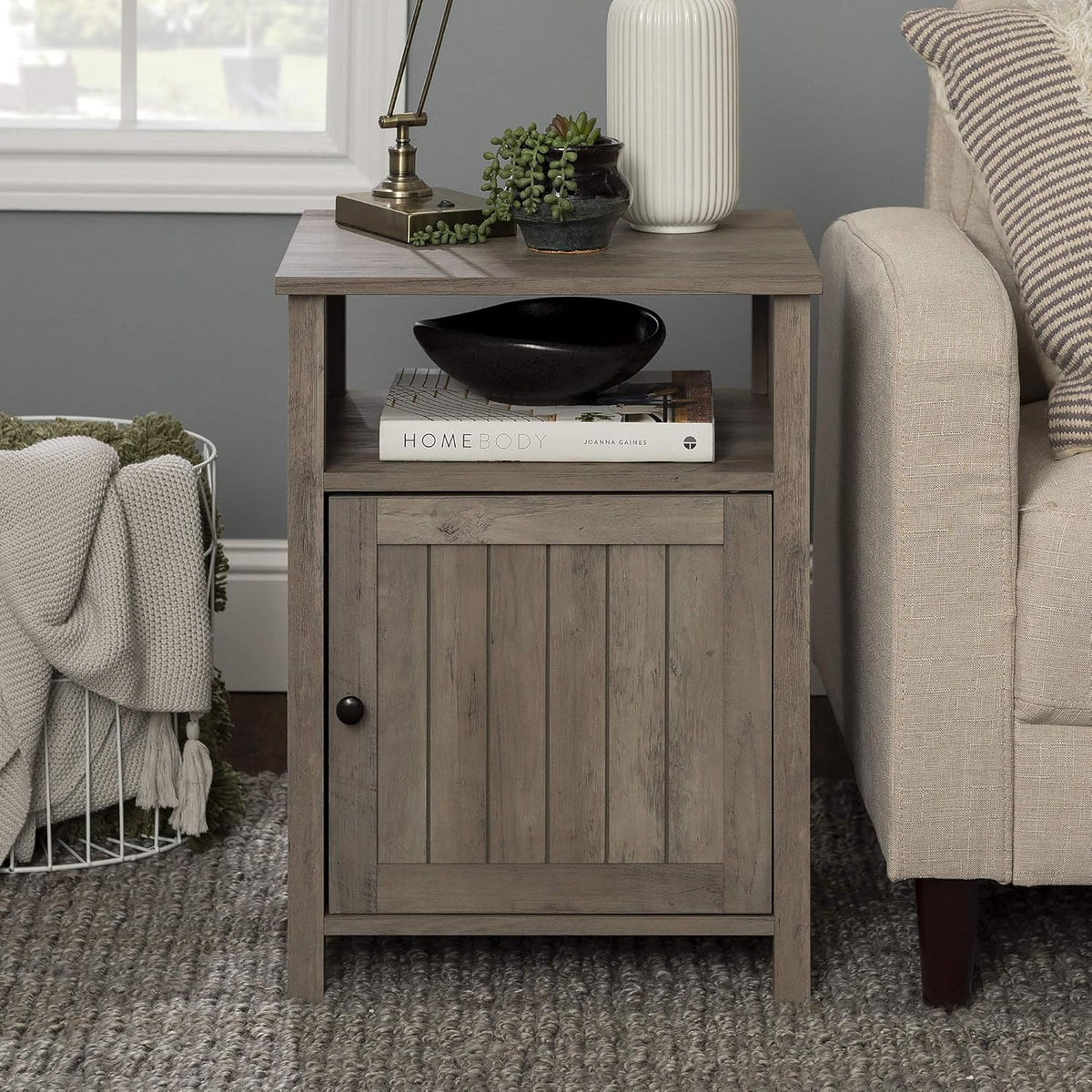 Rustic Oak Wood Side Accent Table with Cabinet Door Z94892