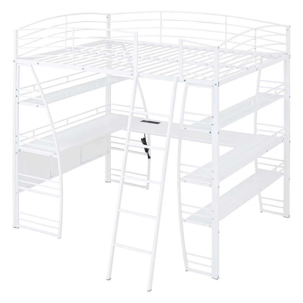 Full Size White Loft Bed with Shelves and L-shaped Desk N412999