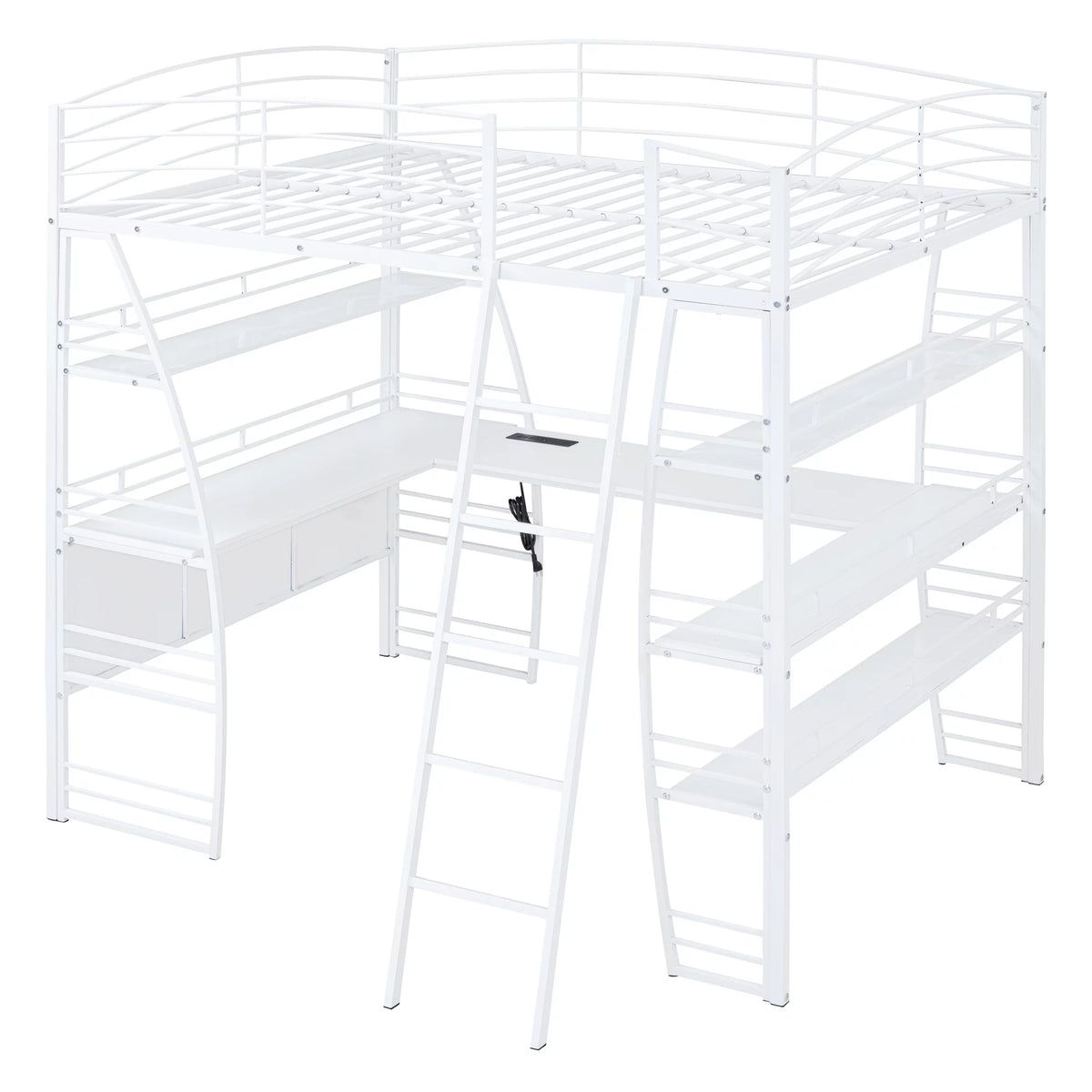 Full Size White Loft Bed with Shelves and L-shaped Desk N412999