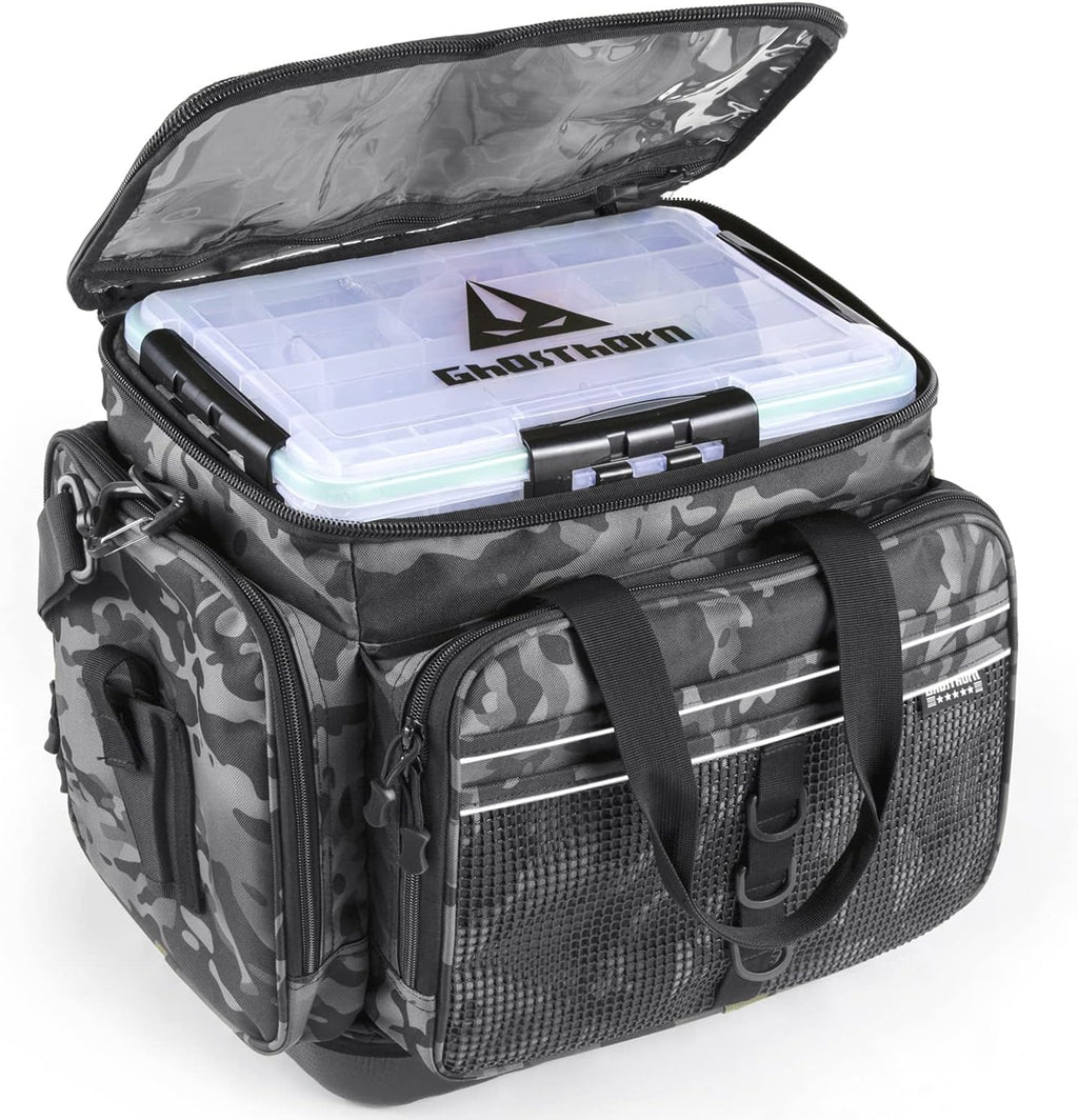 Large Multicam Black Fishing Tackle Bag with 5 Trays and Rod Holder A208166