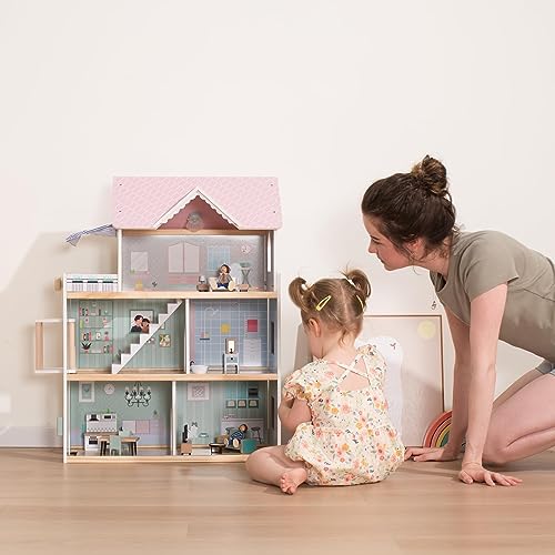 Large Pink Wooden Dollhouse with 15 Pcs Furniture & 3 Dolls M736