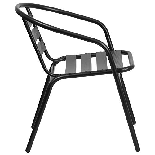 Rectangular Metal Patio Table & Chairs Set with Tempered Glass Top and 4 Black Aluminum Stacking Chairs Z147193