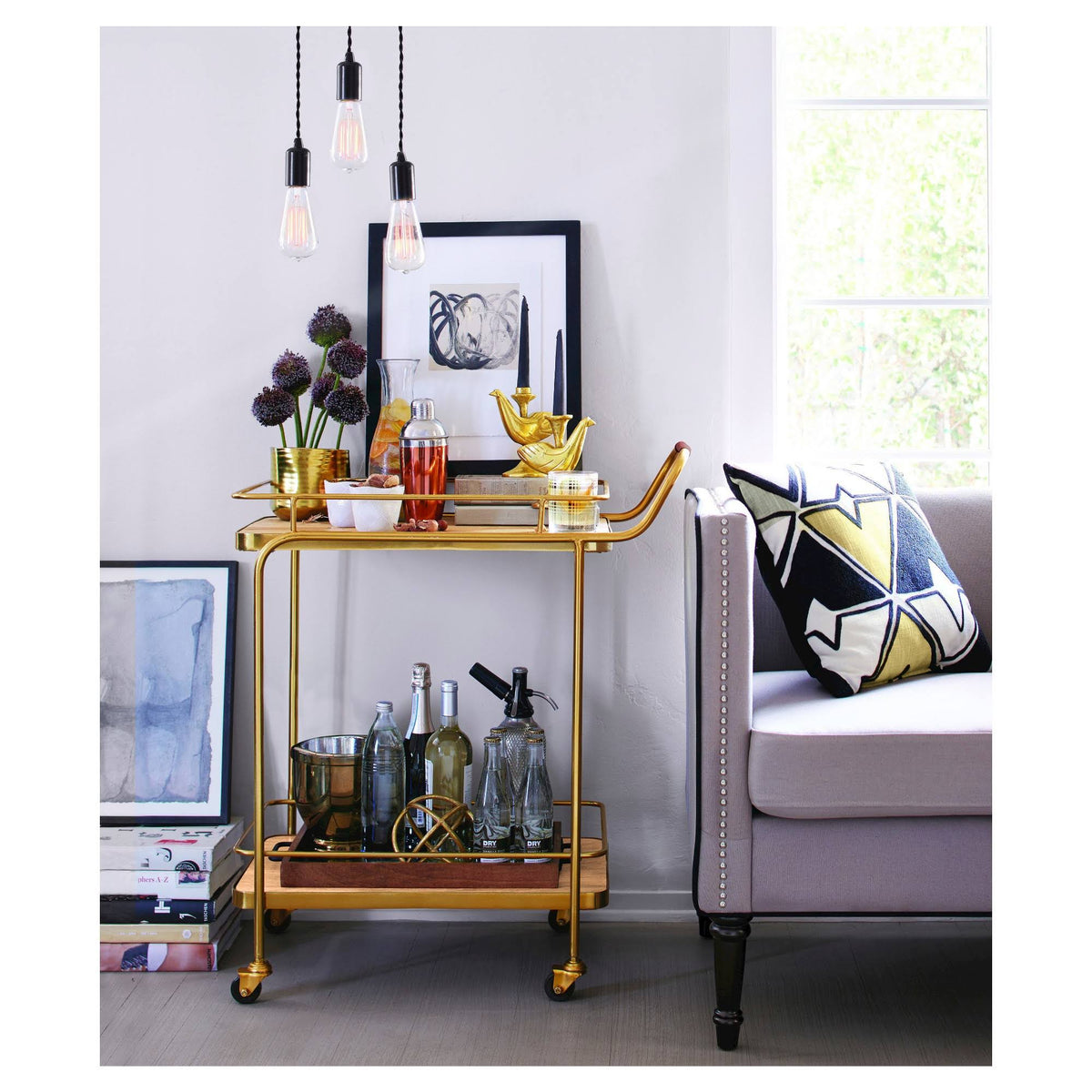 Gold Metal Wood Leather Bar Cart N252