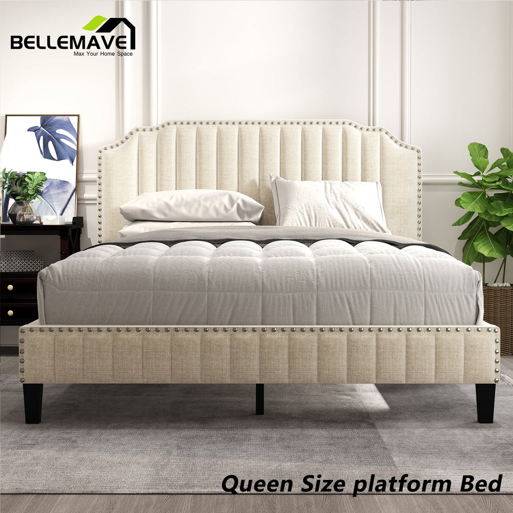 Linen Upholstered Platform Bed Frame Queen Size with Headboard T781