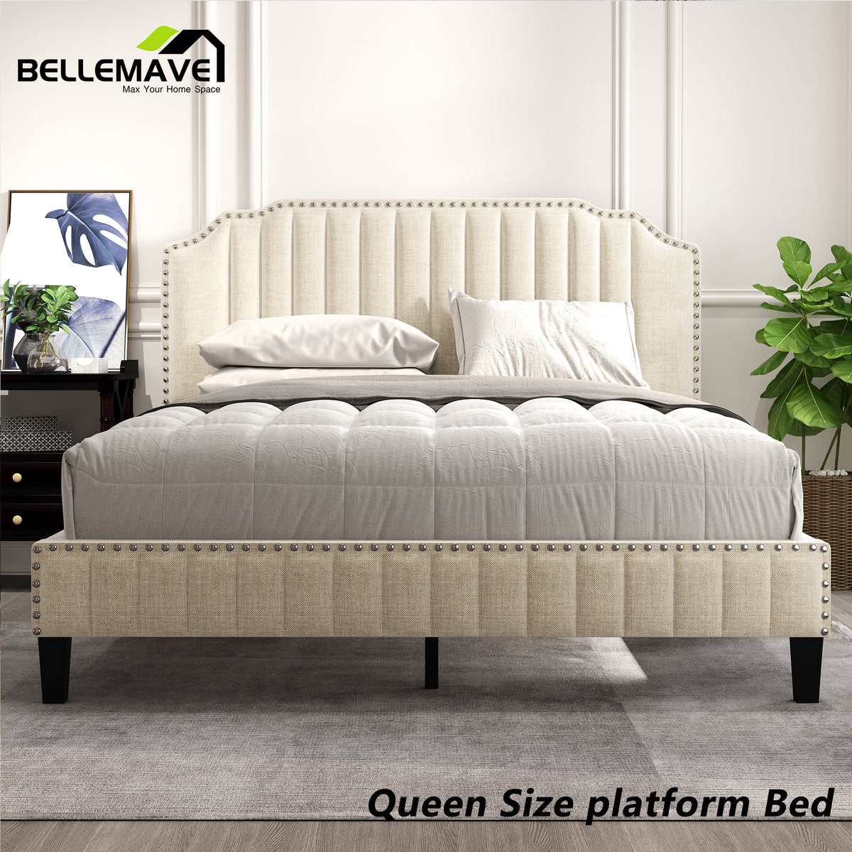 Linen Upholstered Platform Bed Frame Queen Size with Headboard T781