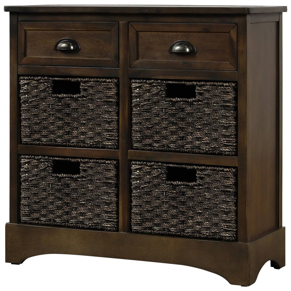 Rustic Storage Cabinet with 2-Drawers and 4 Fabric Basket Dark Brown R5080