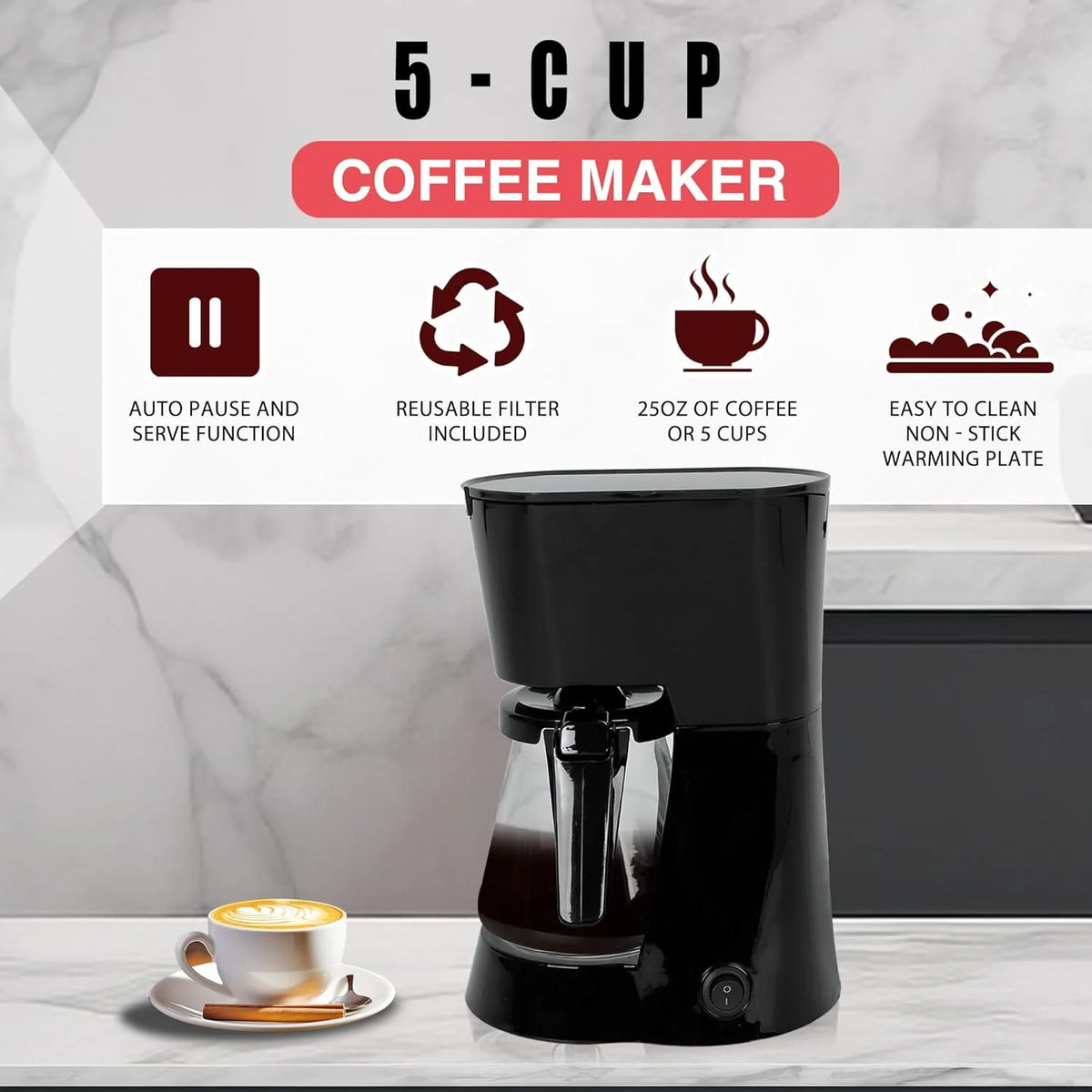 Black 5 Cups Programmable Coffee Machine 25 oz Water Tank T5552