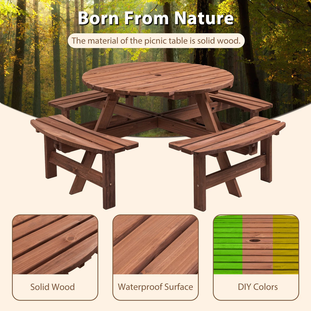 8-Person Circular Wooden Picnic Table with 4 Built-in Benches Gray L76794