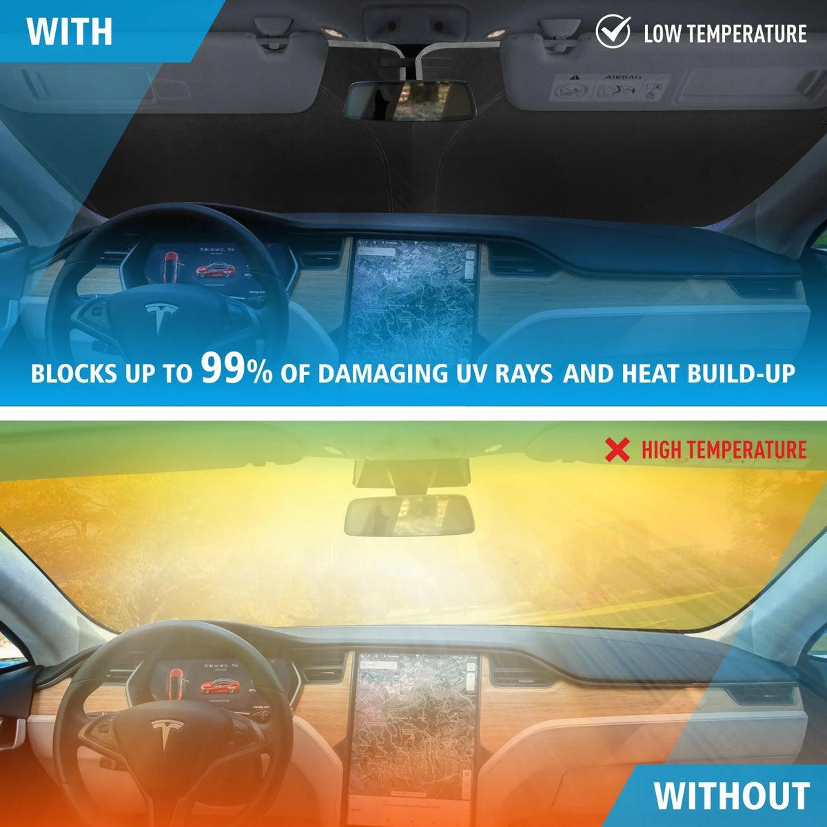 Windshield Sun Shade for Tesla S 2016-2024, Custom-Fit Foldable Car Sun Shade P996