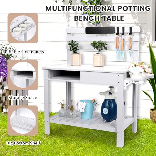 Wooden Potting Bench Table with 3 Side Hook Shelf Z70310