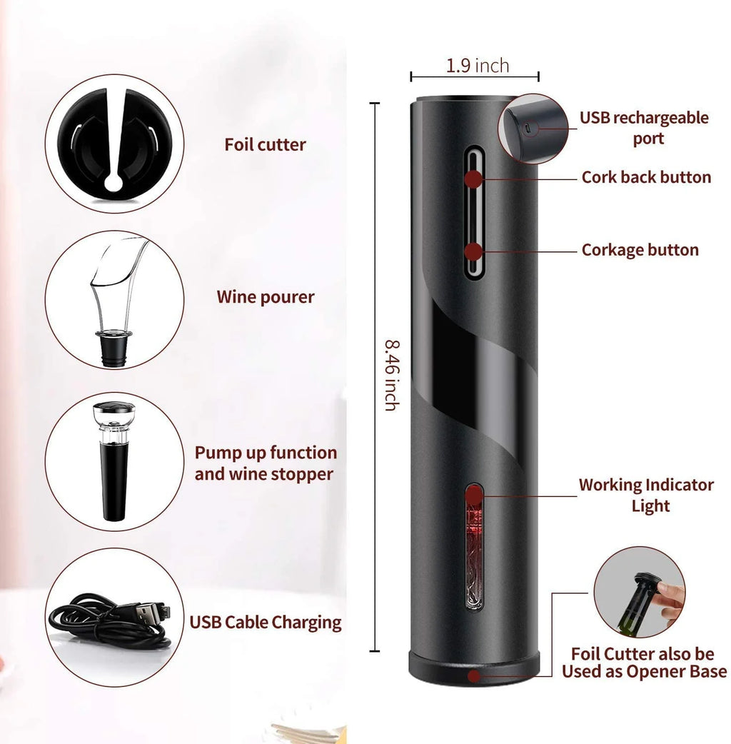 Rechargeable Electric Wine Opener Set with Foil Cutter, Vacuum Stopper and Wine Aerator Pourer M594625