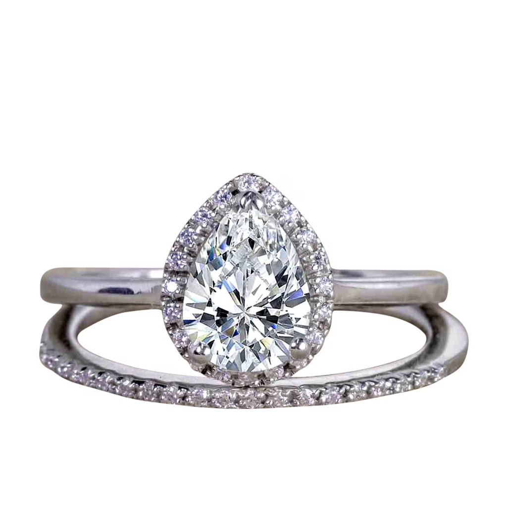 Pear Cut Moissanite and Diamond Halo Wedding Ring Set in White Gold Q9746
