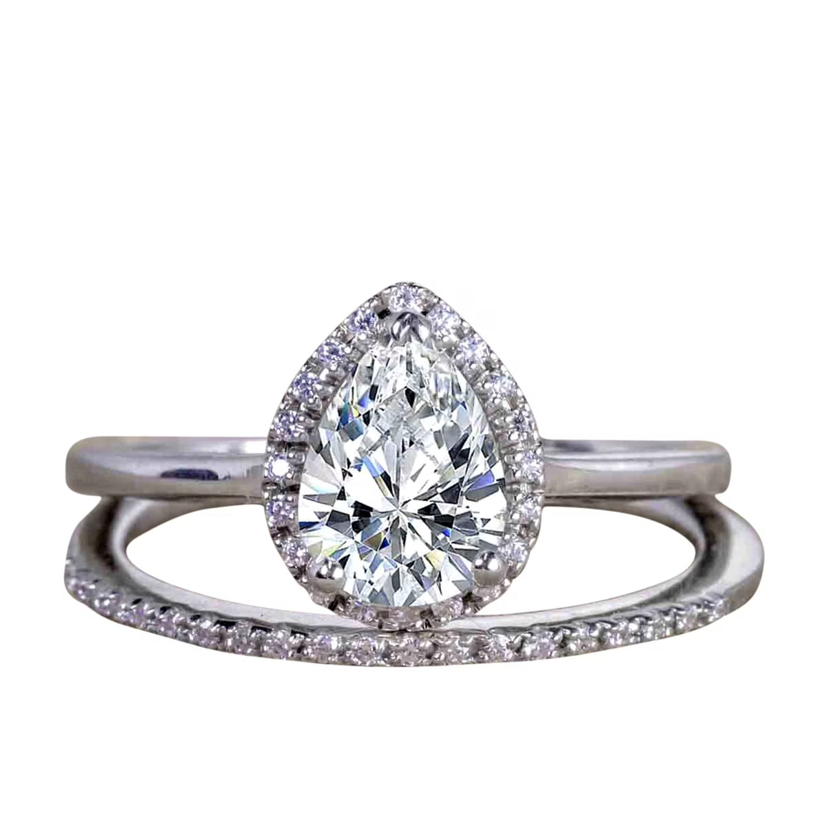 Pear Cut Moissanite and Diamond Halo Wedding Ring Set in White Gold Q9746