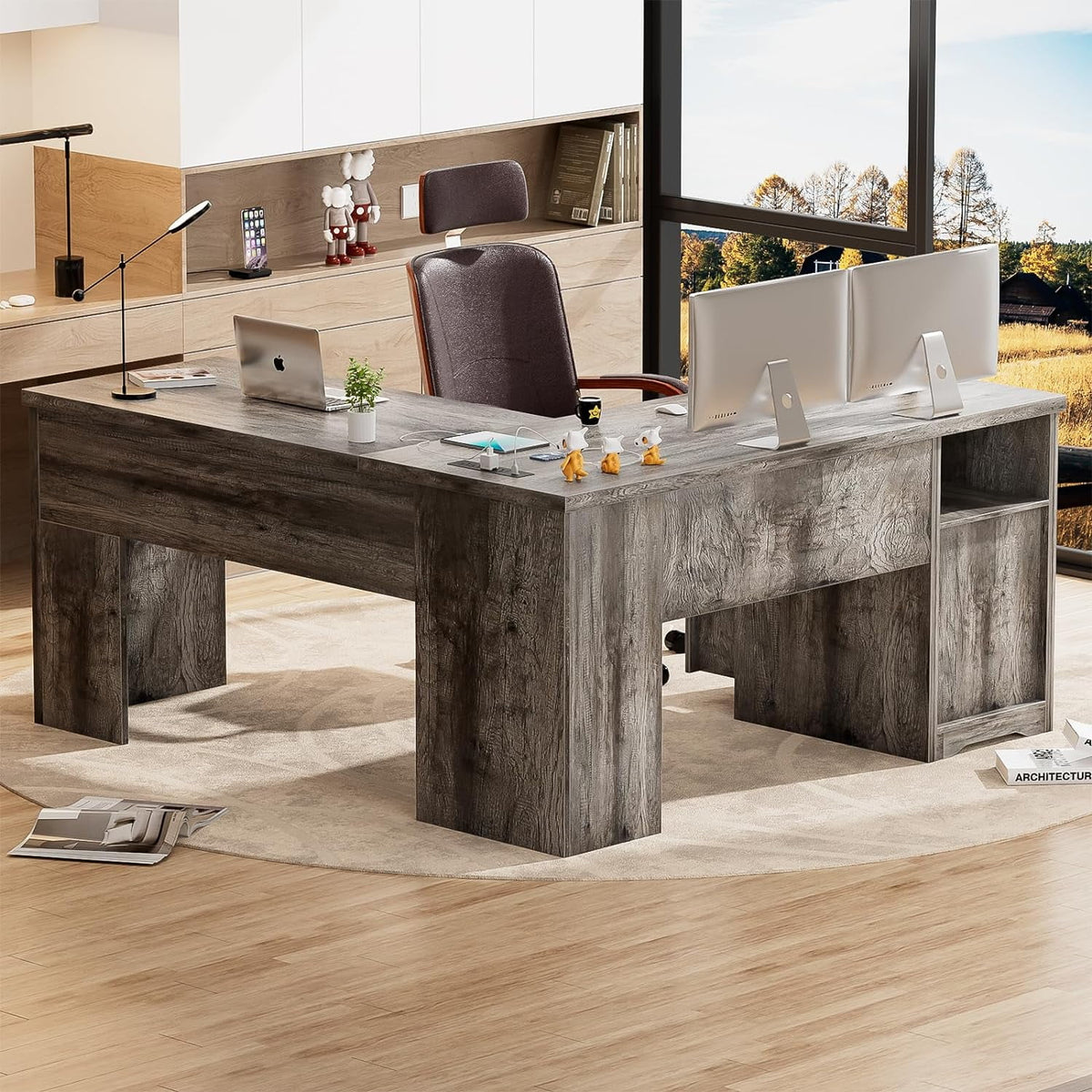 L Shaped Desk with Power Outlets and USB Charging Ports, Lift Top Corner Computer Desk with Drawer, Black Oak D18989