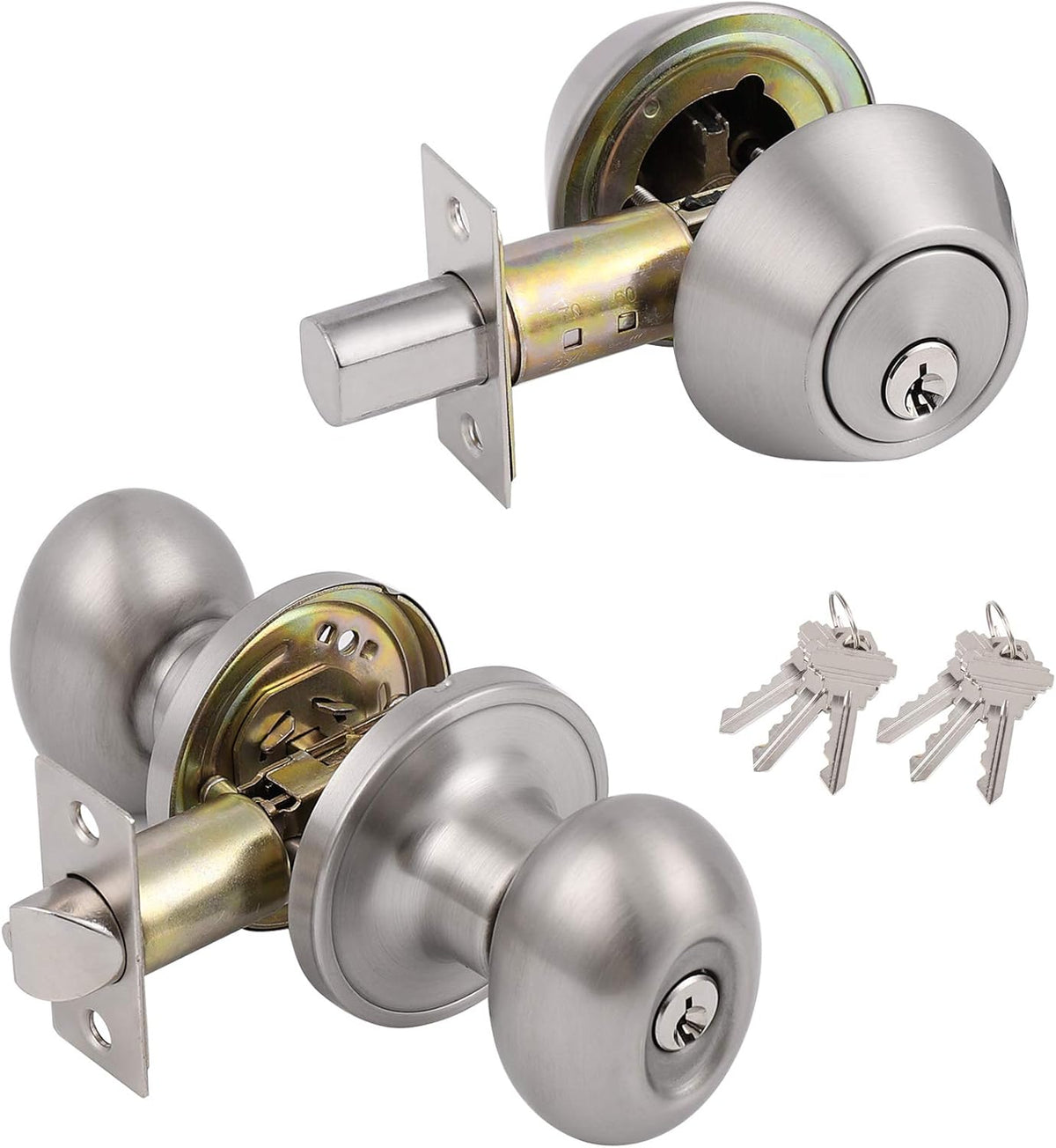Satin Nickel Oval Door Knobs with Double Cylinder Deadbolts Combo Keyed Alike 3 Packs P19042