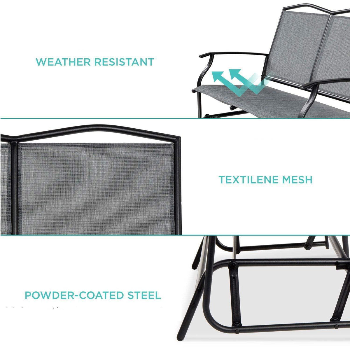 2 Seater Mesh Patio Loveseat Swing Glider with Armrests in Grey T7112