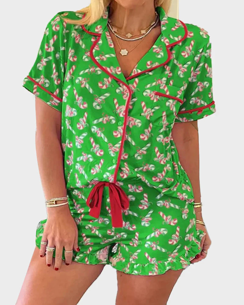 Christmas Candy Cane Print Pajama Short Set J119