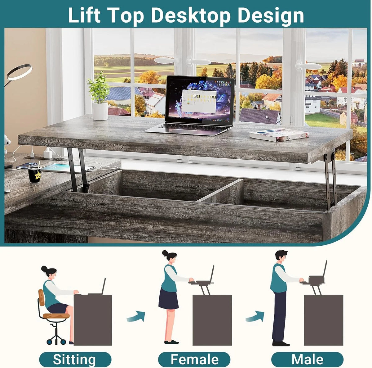 L Shaped Desk with Power Outlets and USB Charging Ports, Lift Top Corner Computer Desk with Drawer, Black Oak D18989