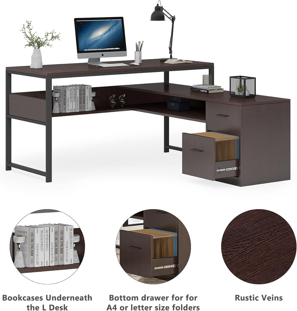 Cherry L-Shaped Computer Desk with Bookshelf and File Cabinet S638