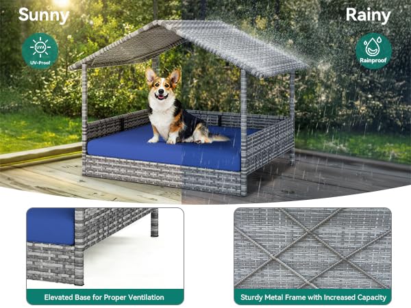 Large Wicker Dog House with Cushion and Canopy N115681