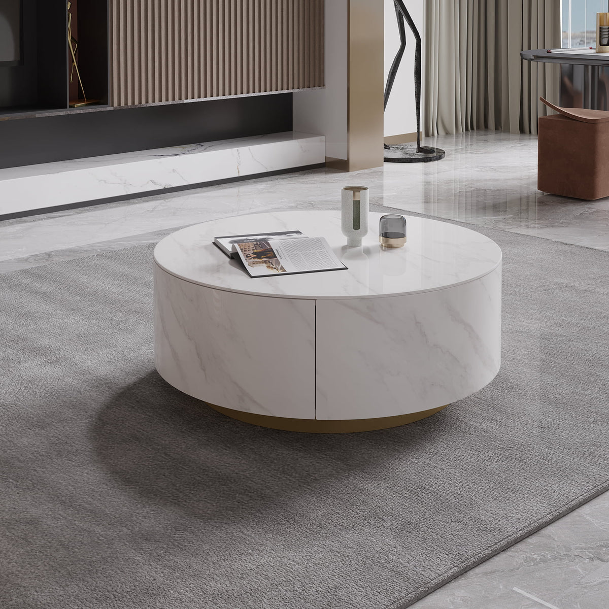 White Round Coffee Table with Two Drawers Y432