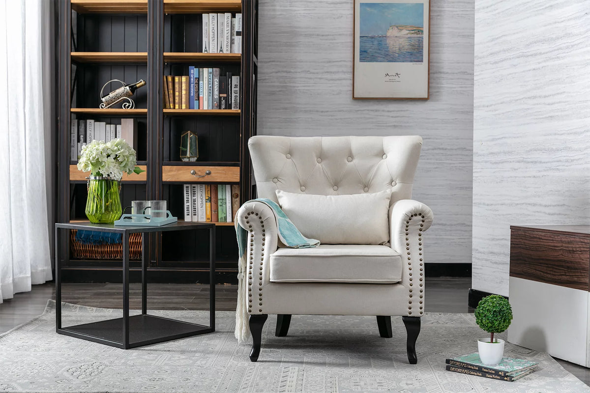 Beige Linen Tufted Accent Chair with Pillow N9360