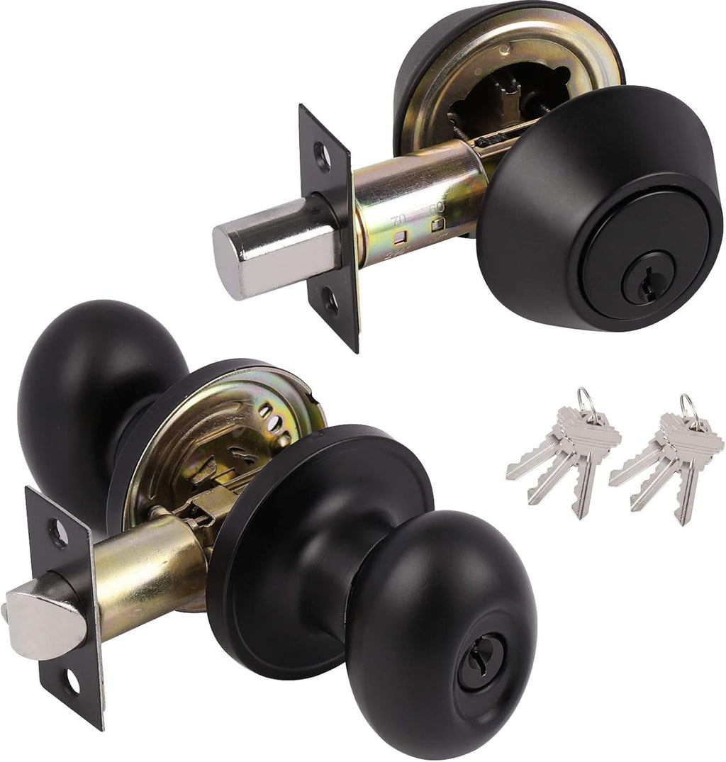 Satin Nickel Oval Door Knobs with Double Cylinder Deadbolts Combo Keyed Alike 3 Packs P19042