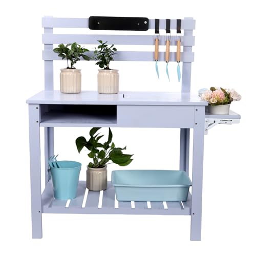 Wooden Potting Bench Table with 3 Side Hook Shelf Z70310