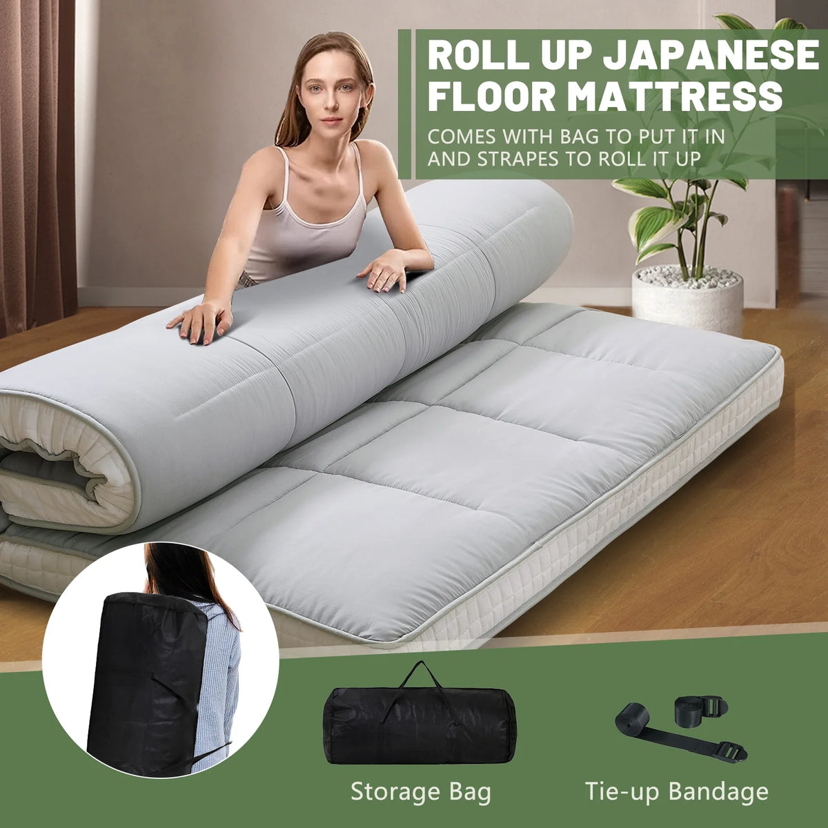 Japanese Floor Futon Mattress, Foldable Roll Up Sleeping Pad J465635